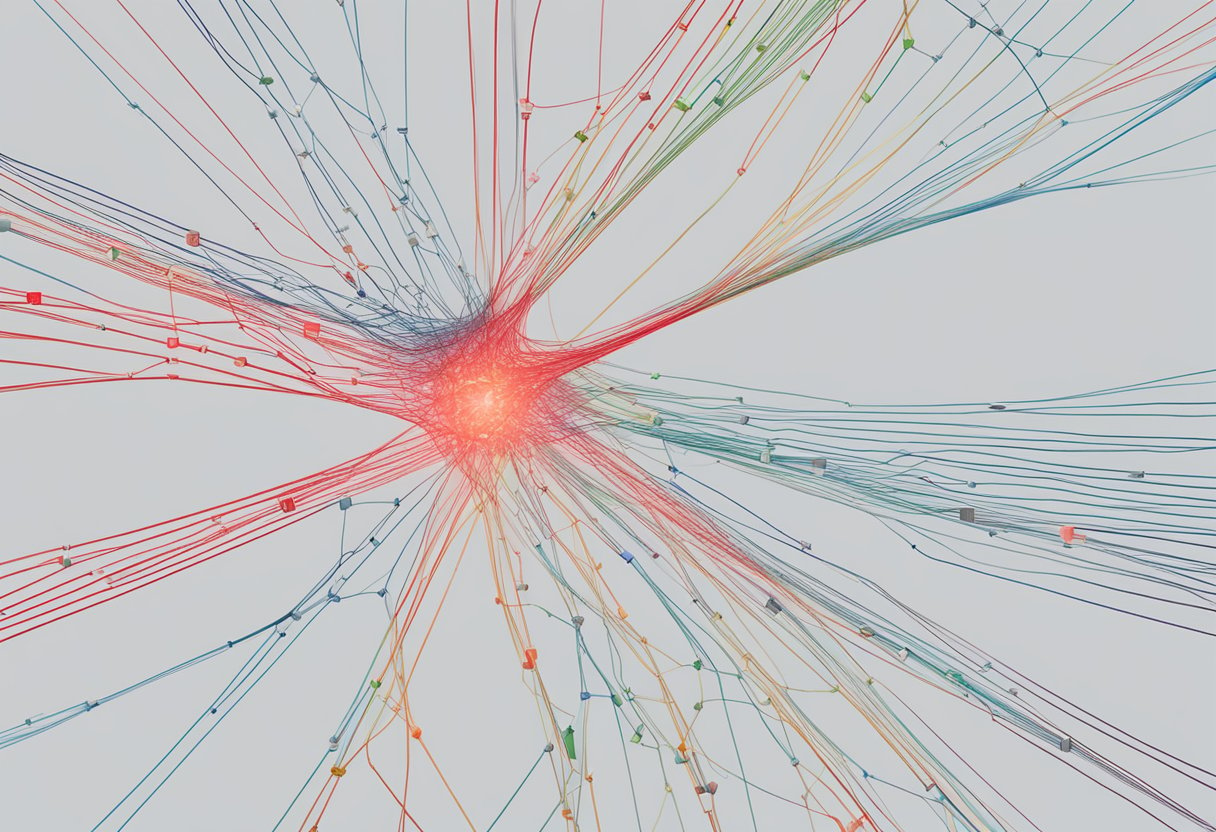 A tangled web of computer codes and encryption algorithms, with error messages flashing in red, indicating a failure to establish a secure connection