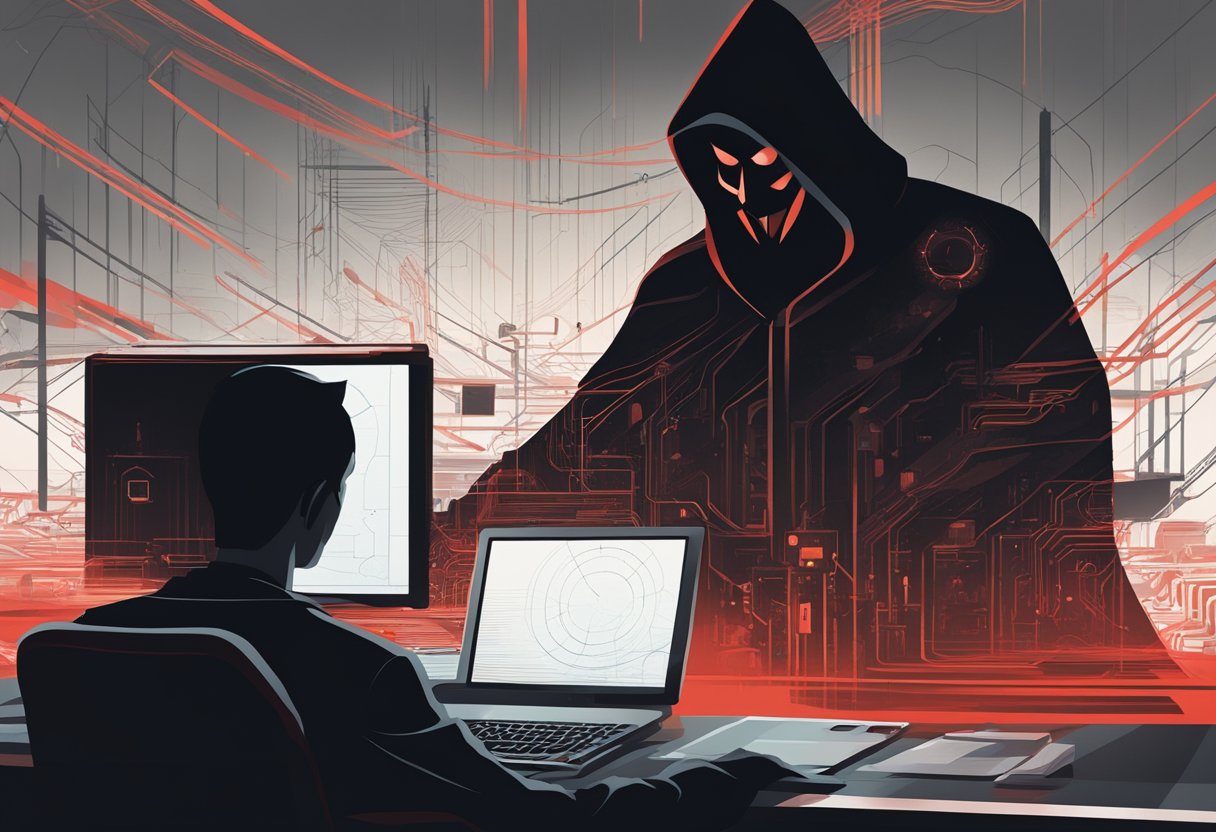 A shadowy figure hovers over a computer screen, with sinister red and black imagery emanating from the monitor. Sinister figures and symbols are subtly hidden within the design