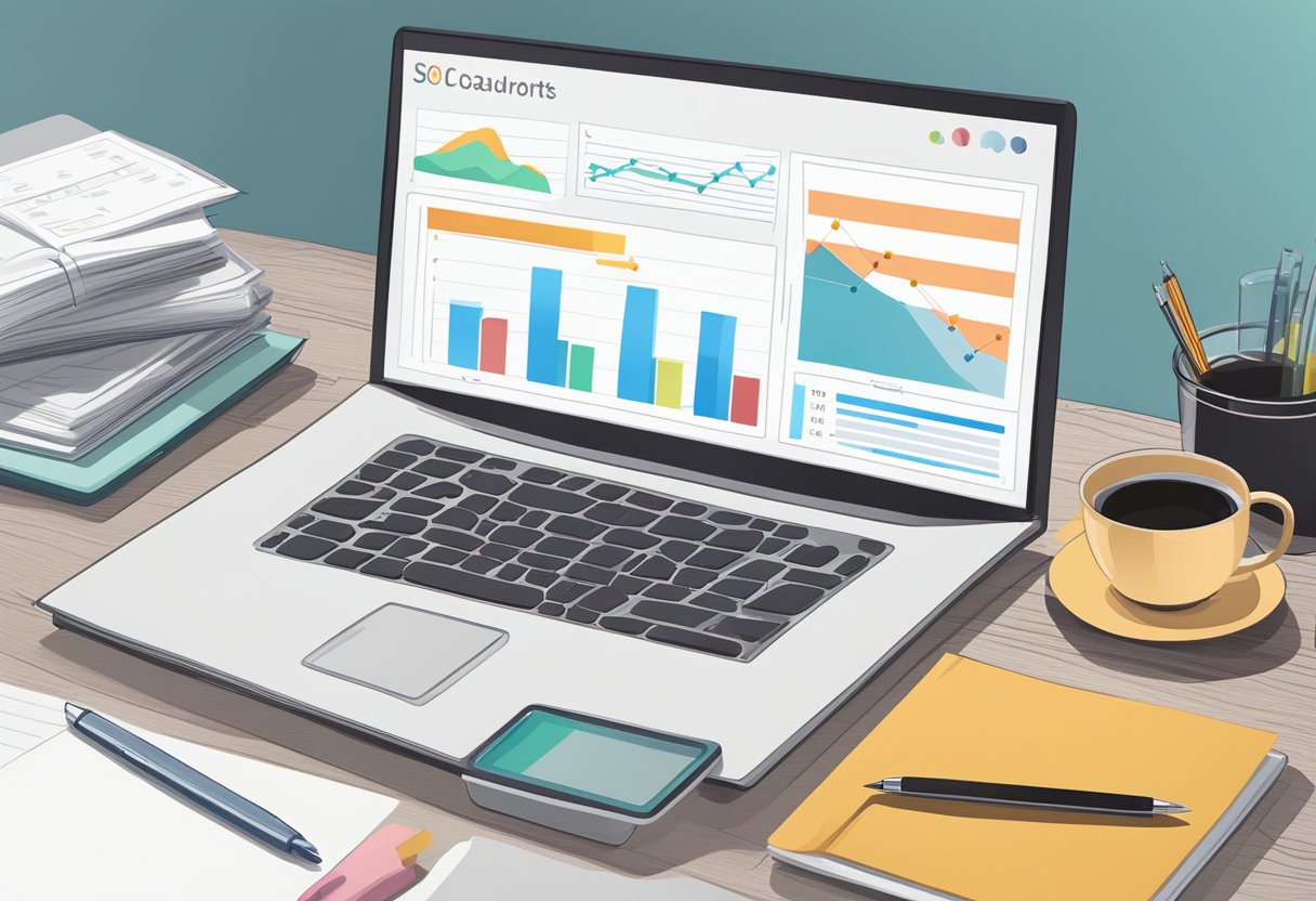 A computer screen displaying a local SEO audit report with charts, graphs, and data analysis. A desk with a notepad and pen, and a cup of coffee next to the computer