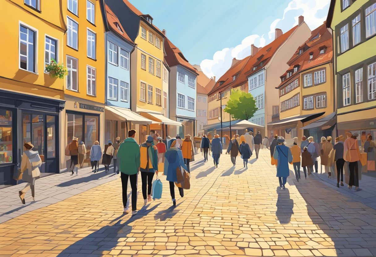 A bustling street in Erfurt, with colorful storefronts and people walking by. The sun is shining, casting long shadows on the cobblestone pavement