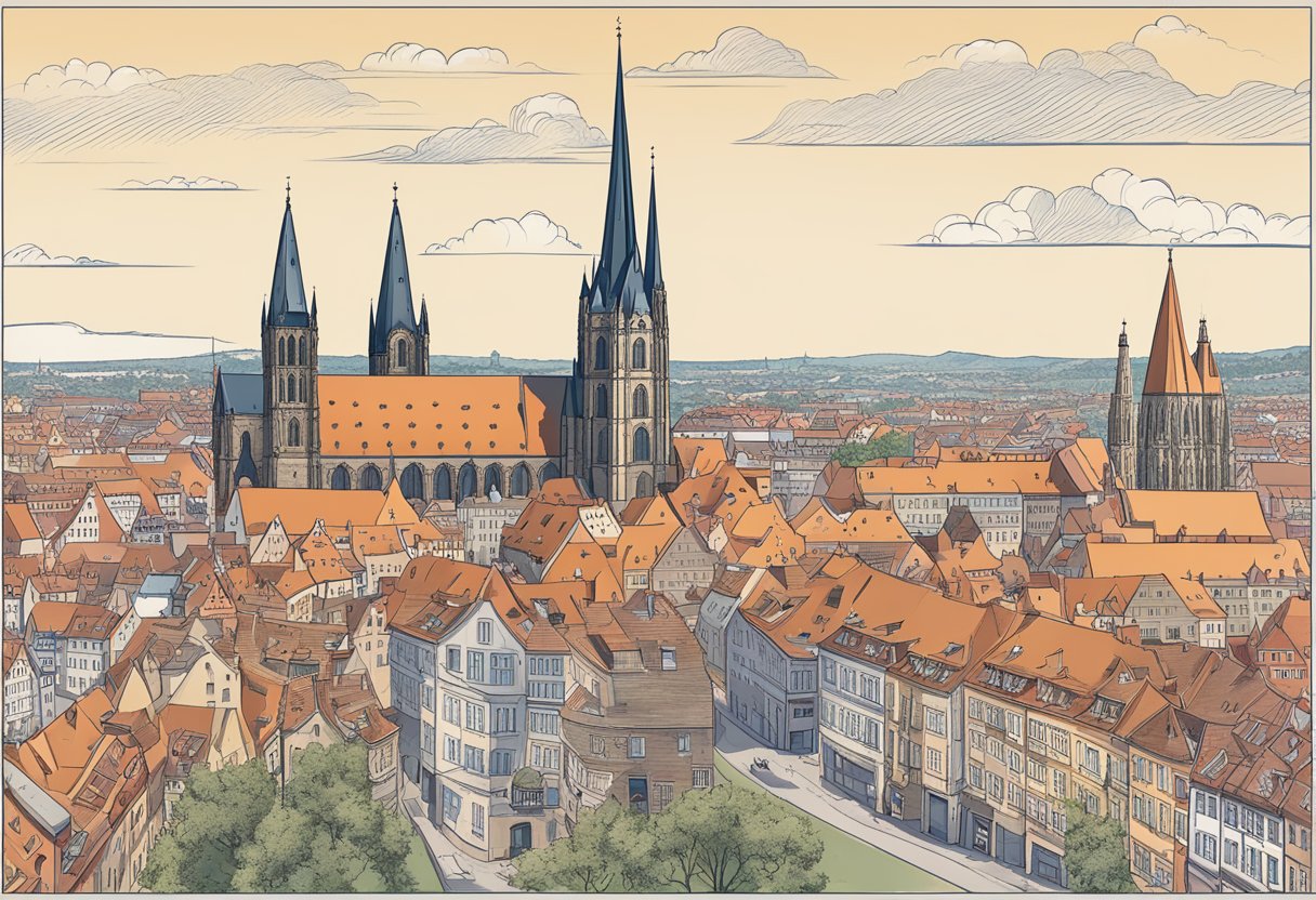 A city skyline with prominent landmarks of Erfurt, Germany, surrounded by local businesses and SEO-related imagery