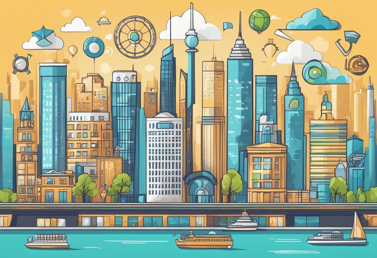 A city skyline with prominent landmarks, surrounded by digital marketing symbols and local business icons