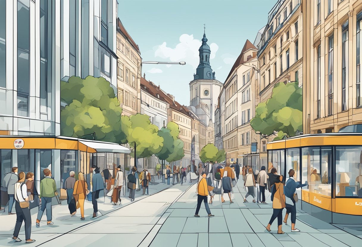 A bustling street in Leipzig with prominent signage for a local SEO agency. The cityscape includes modern buildings and pedestrian activity