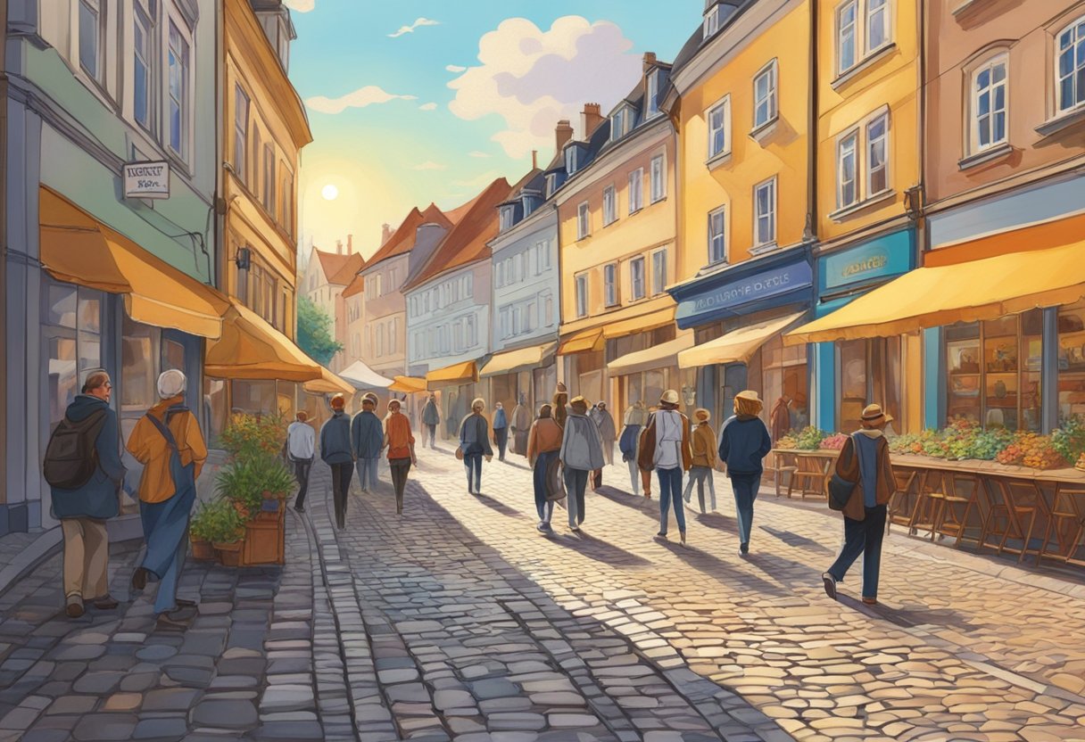 A bustling street in Coburg, with colorful storefronts and people strolling by. The sun casts a warm glow on the cobblestone pavement