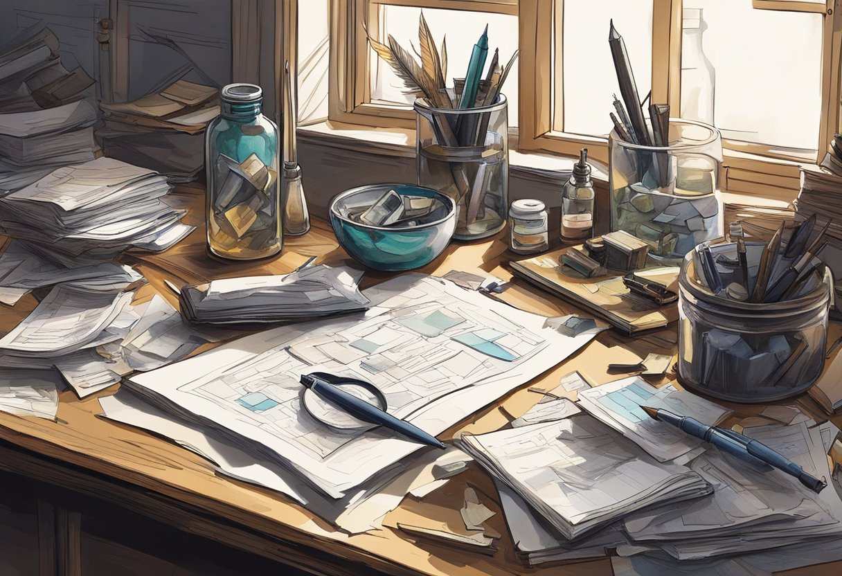 A cluttered desk with a spilled ink bottle, scattered papers, and a quill pen. A single window casts soft light on the chaos